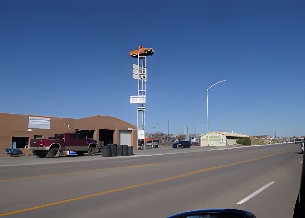Shop street view with sign tower